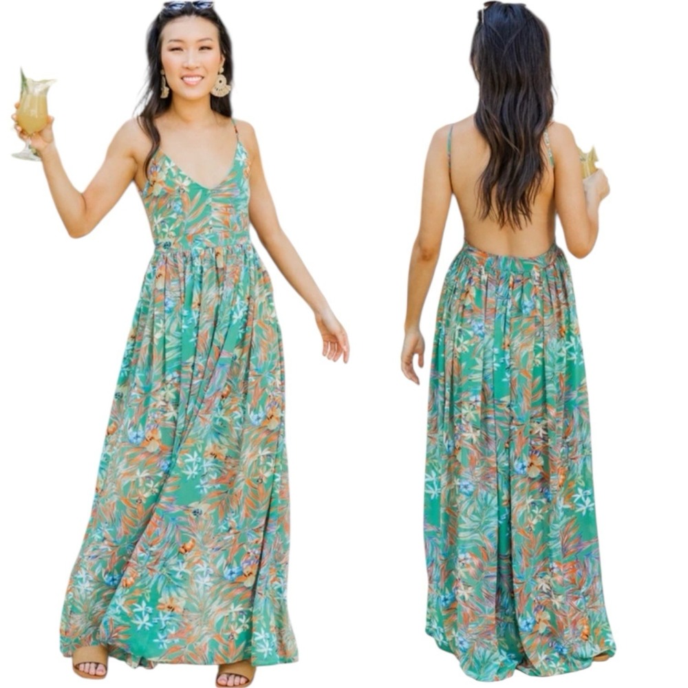 Green Tropical Floral Maxi Dress Women's XXL Boho Vacation Resortwear Coastal